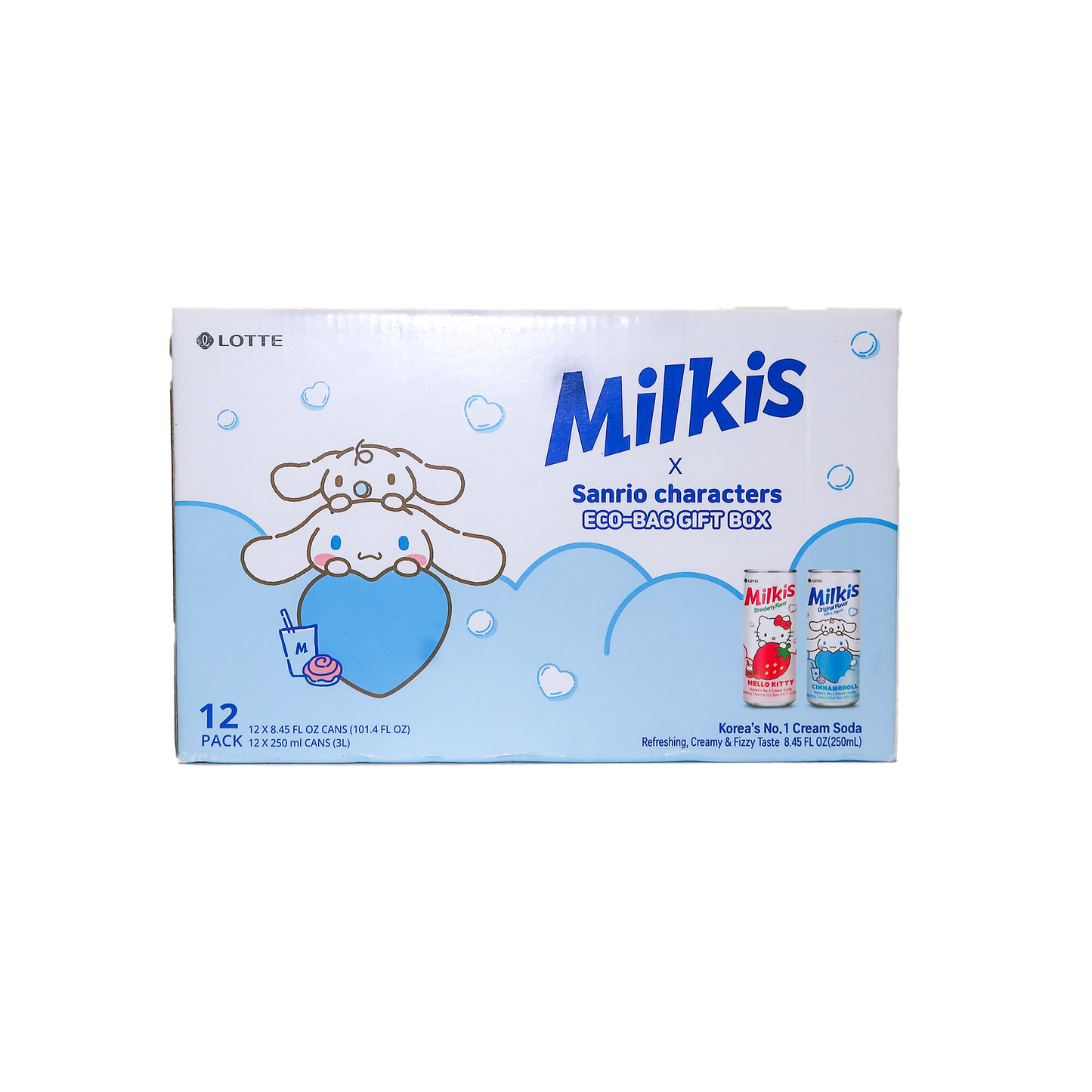 Milkis x Sanrio characters can and  eco-bag gift box image.