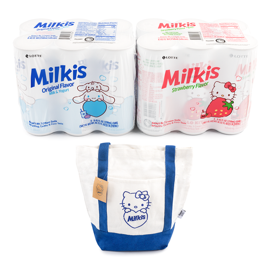 Milkis Hello Kitty limited edition: Milkis yogurt and strawberry flavor can with matching Sanrio x Milkis collaboration tote bag.