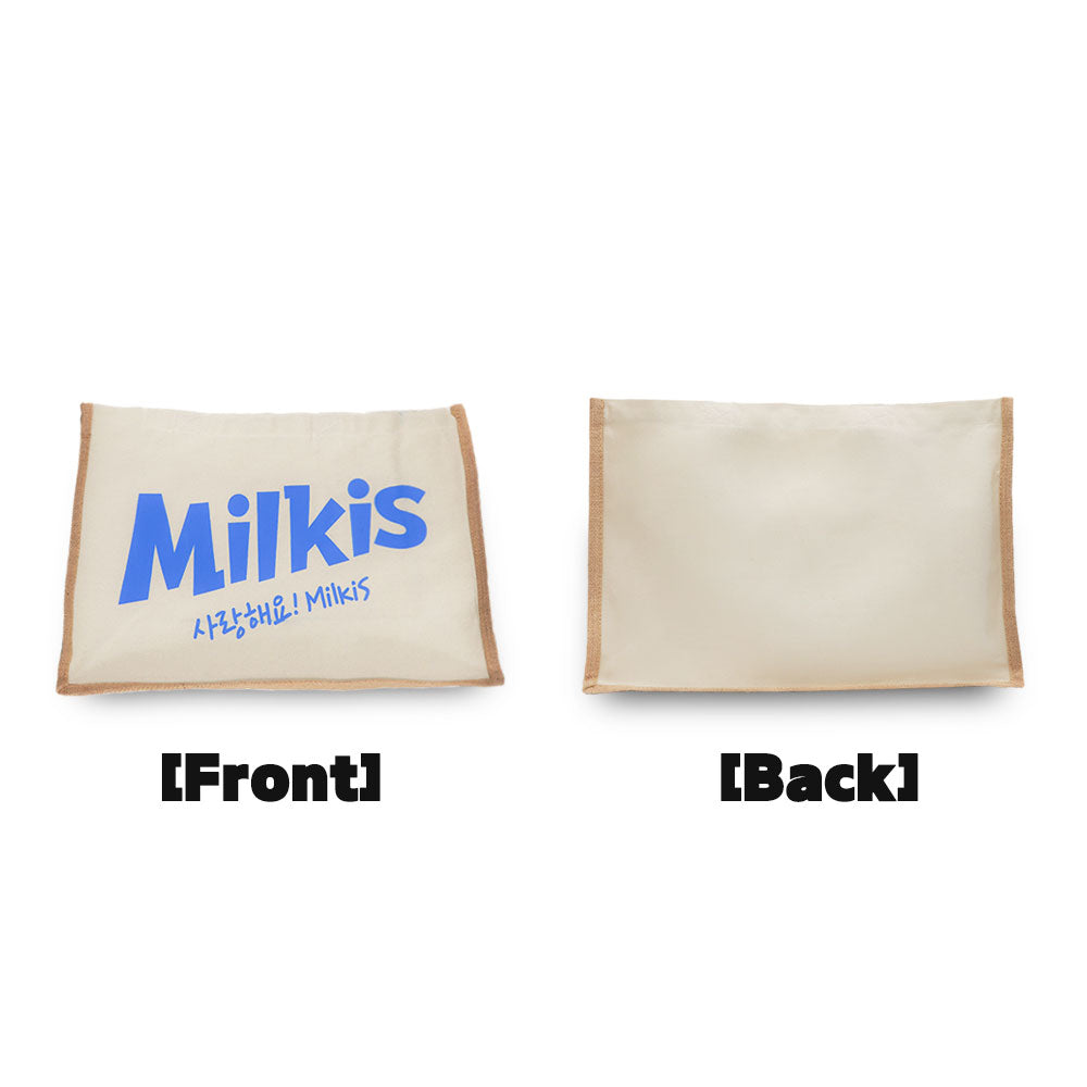 Front and back of a beige Milkis tote bag, featuring a blue Milkis logo on the front and a plain back.