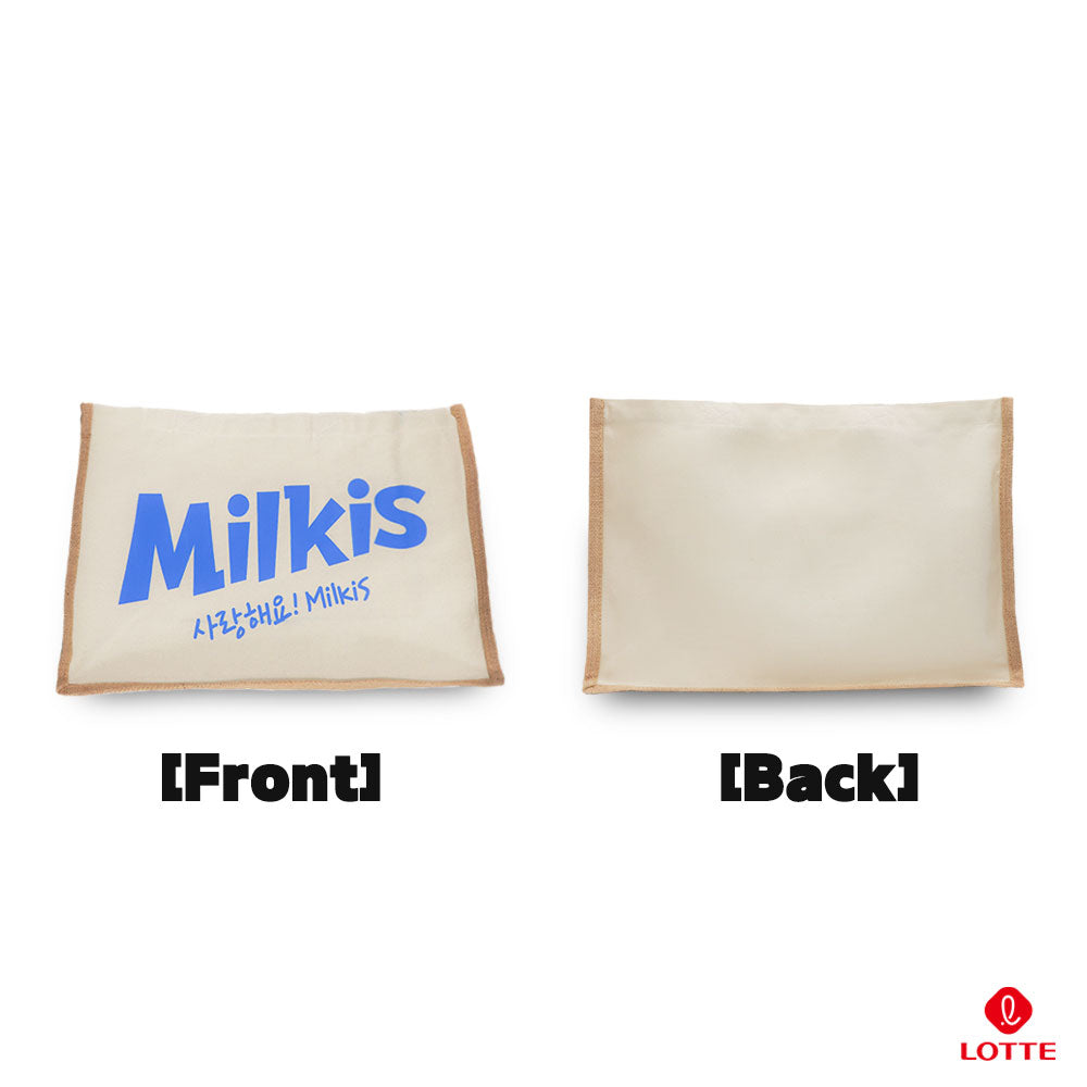 Front and back of a beige Milkis tote bag, featuring a blue Milkis logo on the front and a plain back.
