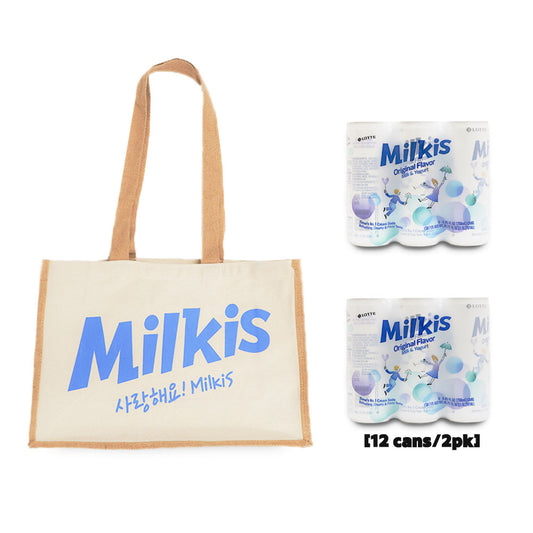Beige Milkis tote bag with blue logo, shown with two original Milkis 6-can packs.