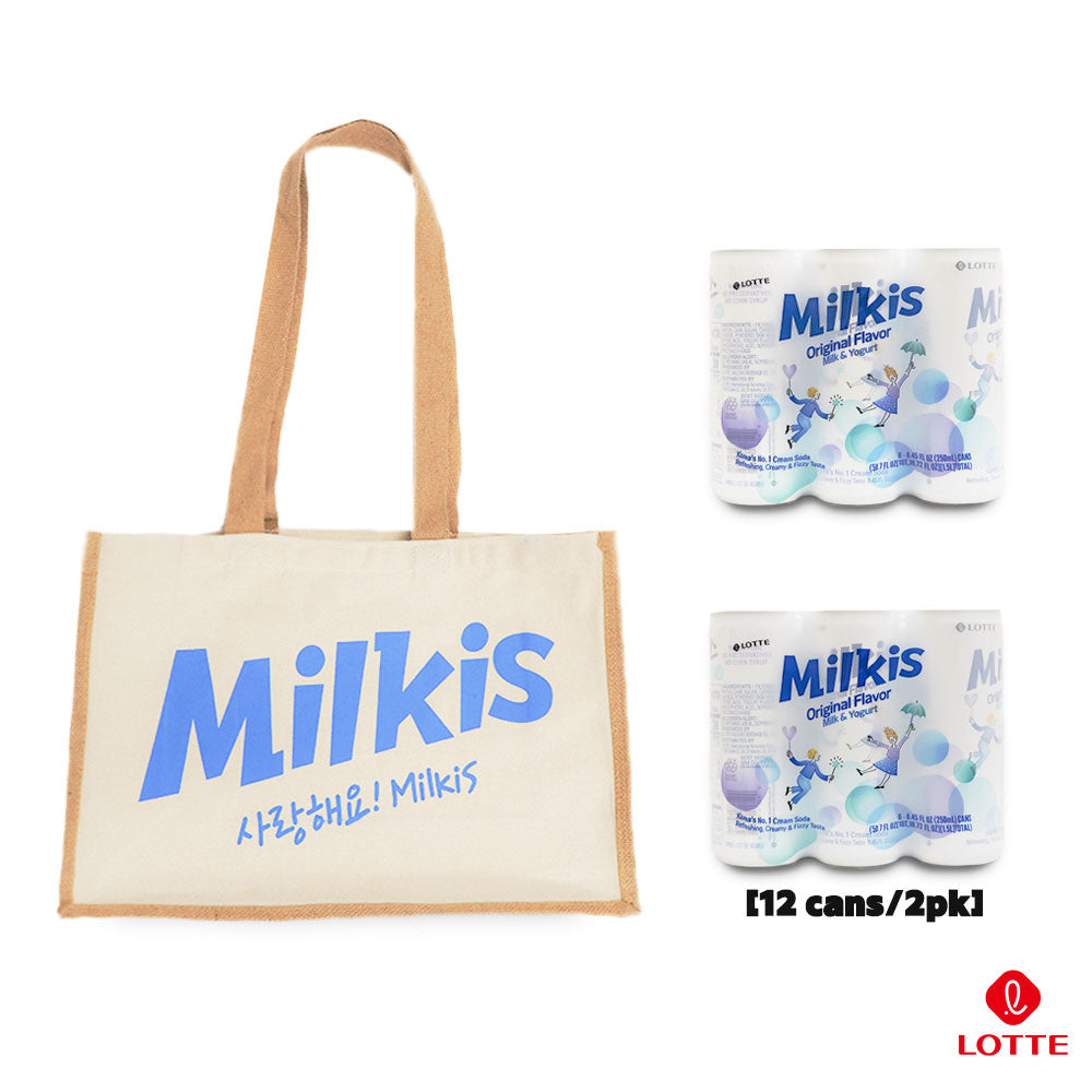 Beige Milkis tote bag with blue logo, shown with two original Milkis 6-can packs.